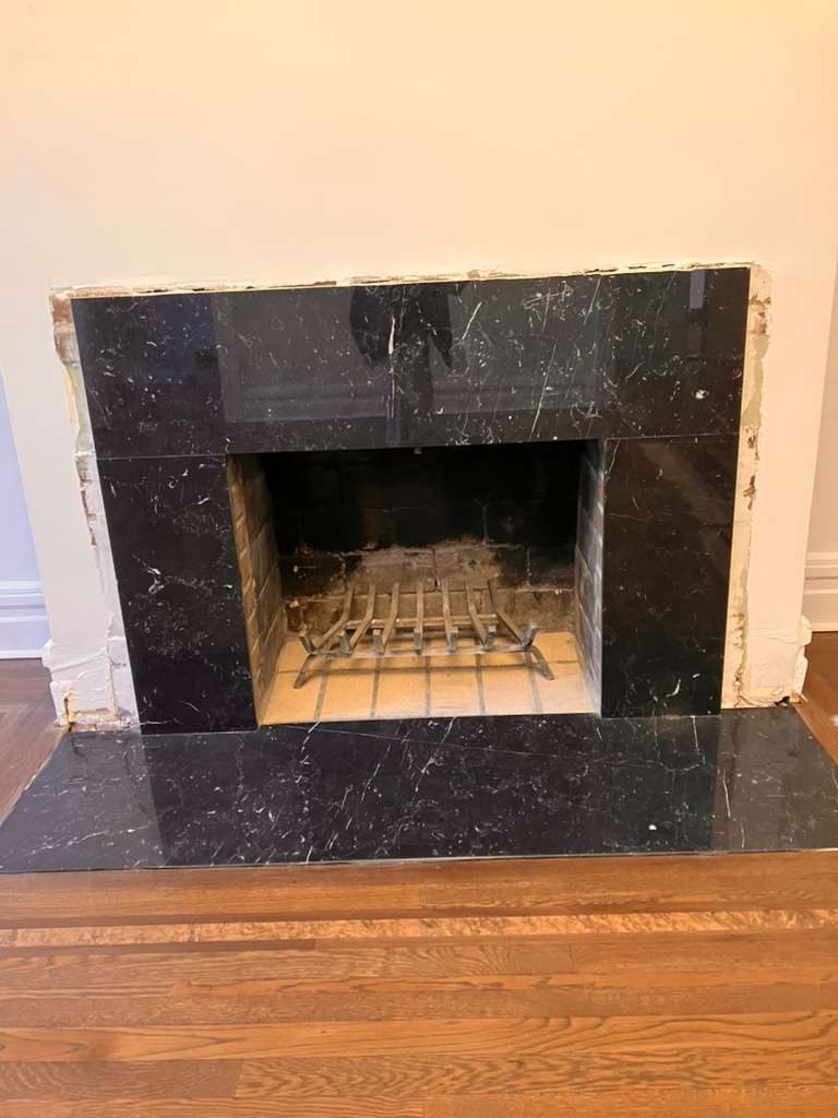 After: custom wood fireplace mantel built and spray finished — Westchester NY